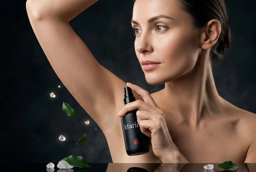 Mujer aplicando desodorante KTARINA en la axila