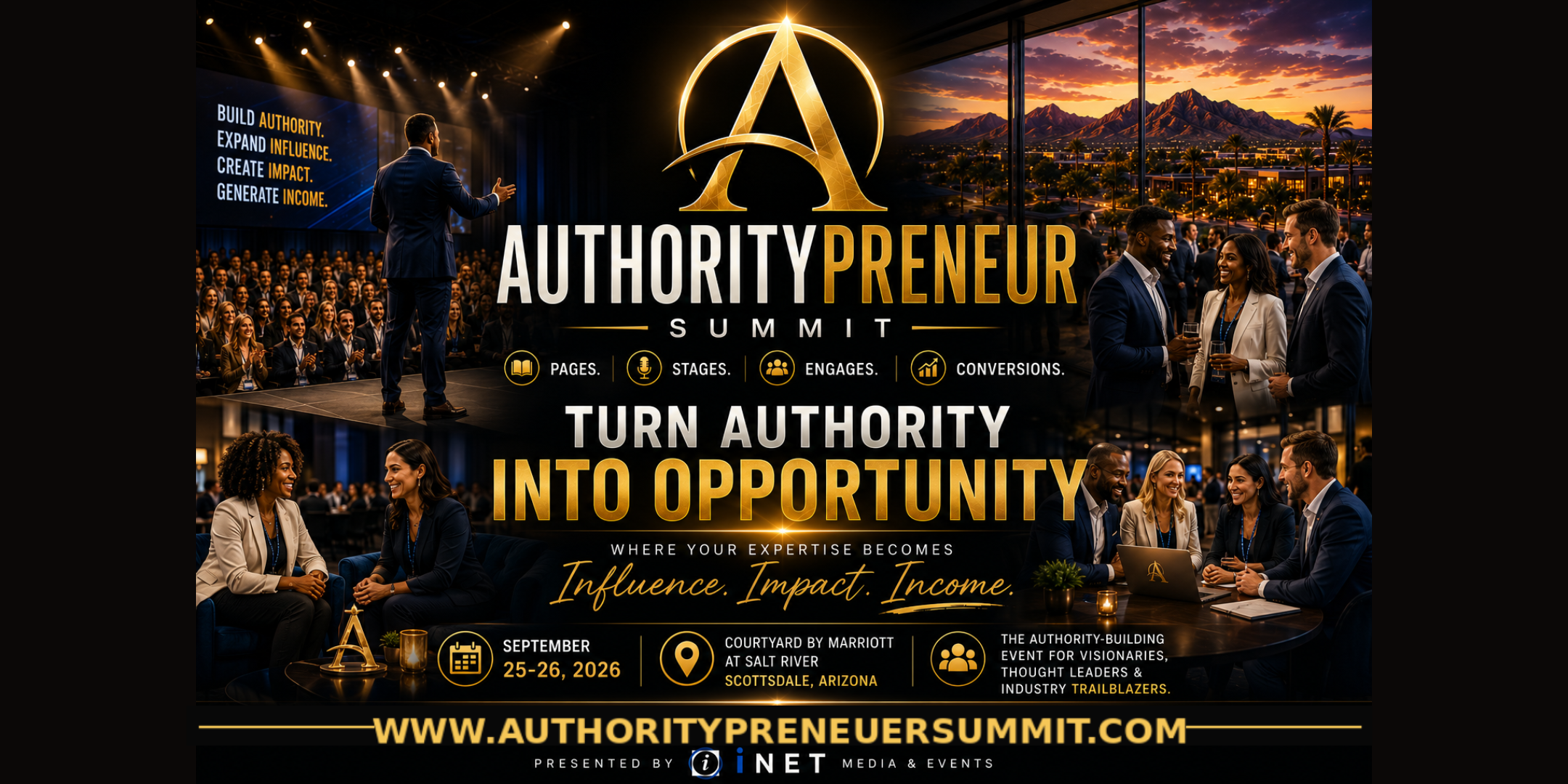 Authoritypreneur Summit official event artwork showing Scottsdale, professional speakers, business leaders, and summit details.