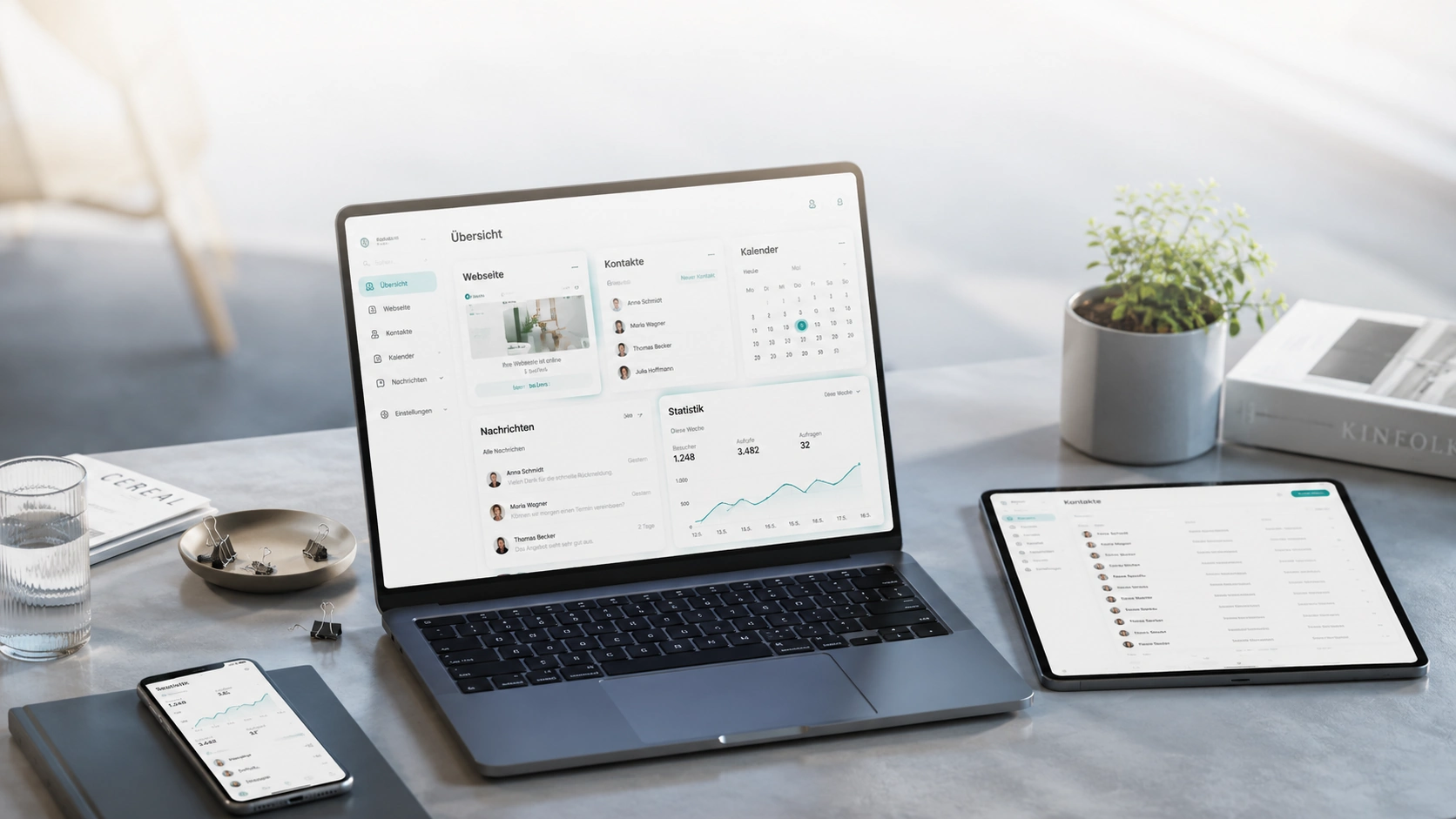 Zentrale Plattform für Website, Kontakte, Kalender und Statistiken