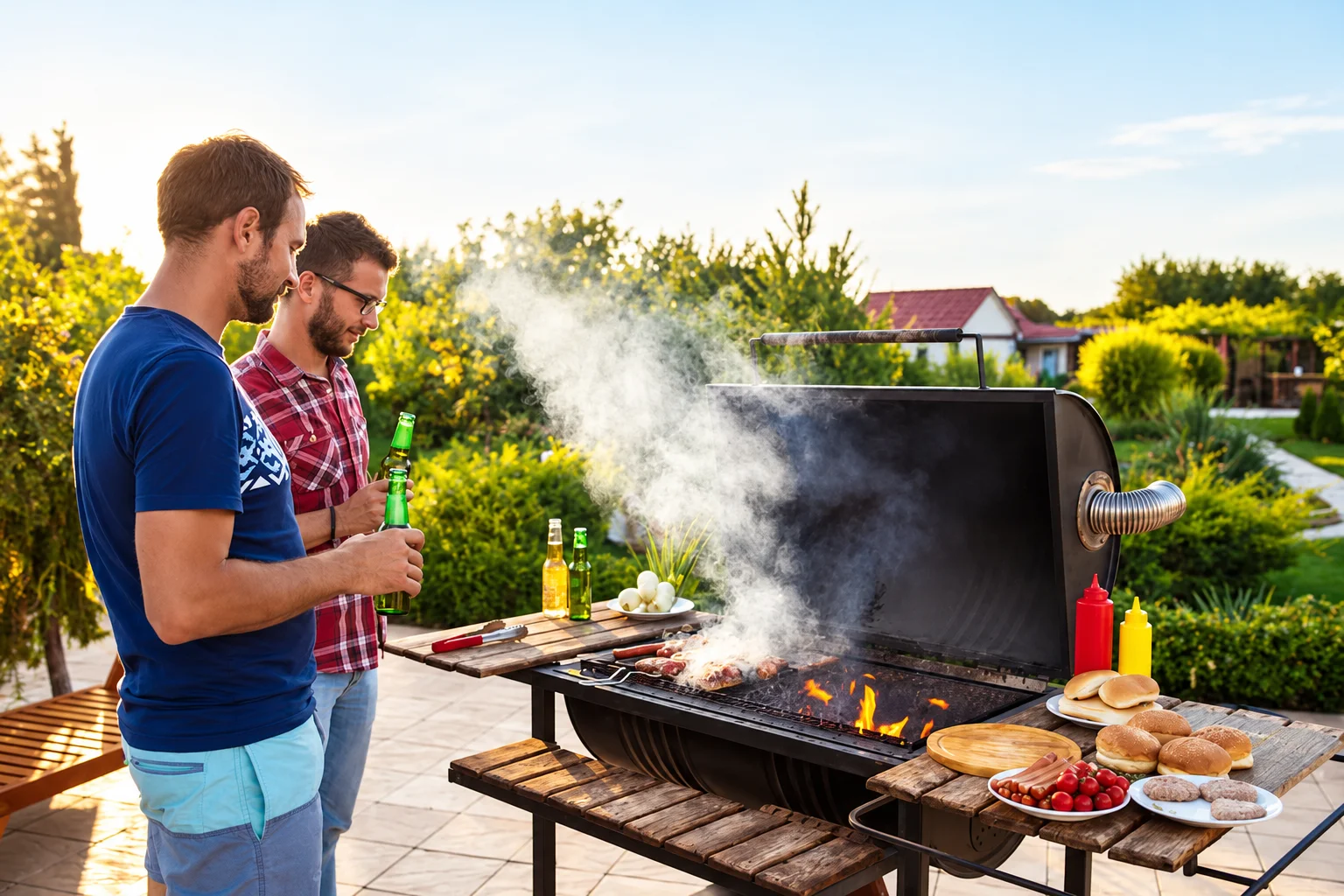 Two men standing beside a large smoking barbecue grill with flames, cooking food and holding beer bottles outdoors.