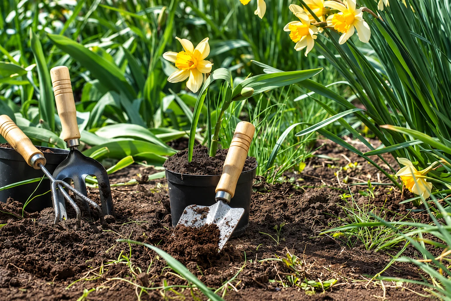 Gardening tools, a trowel and a hand cultivator, rest on dark soil with yellow daffodils blooming and in pots.