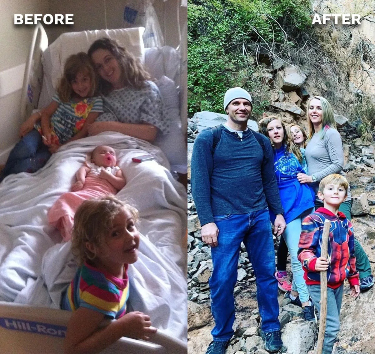 Tami before, in a hospital bed with her kids, and after, hiking with Dr. Wright and the family