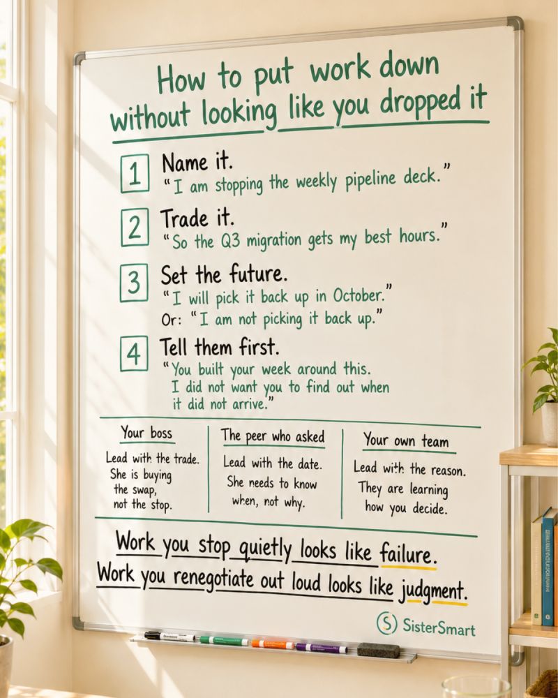 Whiteboard infographic titled “How to put work down without looking like you dropped it.” It presents four steps for deprioritizing work professionally: name what you are stopping, trade it for a higher-priority task, set expectations for when or whether you will resume it, and tell stakeholders first. It also gives tailored communication guidance for a boss, a peer who asked for the work, and your own team. The graphic concludes that quietly stopping work looks like failure, while openly renegotiating it looks like judgment. Whiteboard infographic titled “How to put work down without looking like you dropped it.” It presents four steps for deprioritizing work professionally: name what you are stopping, trade it for a higher-priority task, set expectations for when or whether you will resume it, and tell stakeholders first. It also gives tailored communication guidance for a boss, a peer who asked for the work, and your own team. The graphic concludes that quietly stopping work looks like failure, while openly renegotiating it looks like judgment.