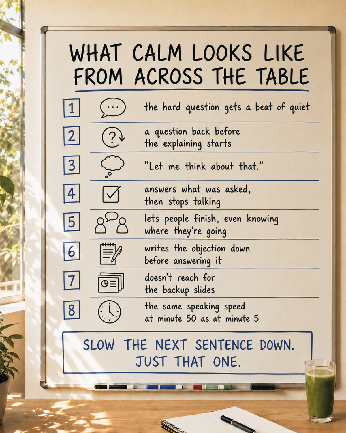 Whiteboard infographic titled “What Calm Looks Like From Across the Table.” It lists eight signs of calm leadership in conversations: pausing after a difficult question, asking a question back before explaining, saying “Let me think about that,” answering only what was asked, letting others finish speaking, writing down an objection before responding, avoiding backup slides, and maintaining the same speaking pace throughout a meeting. The graphic concludes, “Slow the next sentence down. Just that one.”