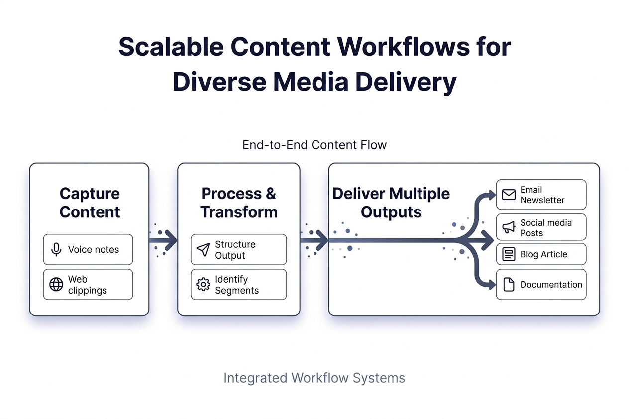Content workflow showing how one idea is captured, transformed, and delivered into multiple outputs like blog posts, newsletters, and social media.