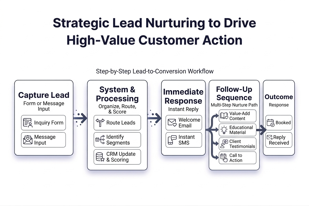 Workflow diagram showing lead capture, automated response, follow-up sequence, and conversion outcome