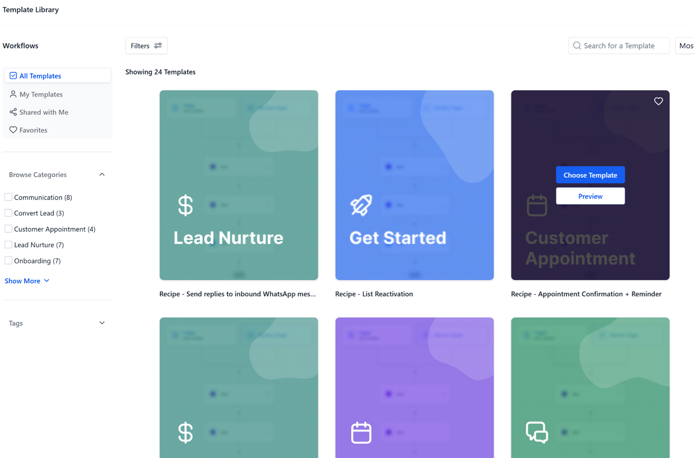 Automation template view showing prebuilt workflow options for appointment and reminder automation