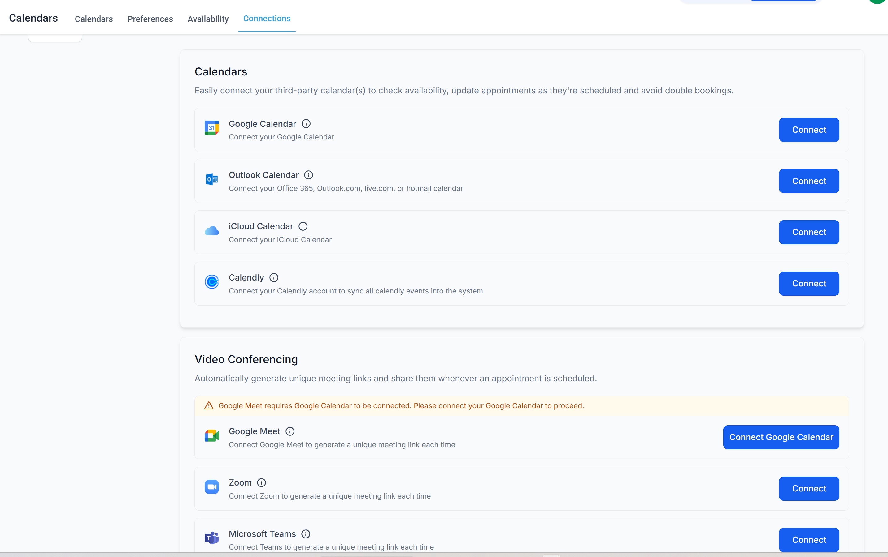 Calendar integration view showing how booking calendars connect to scheduling systems