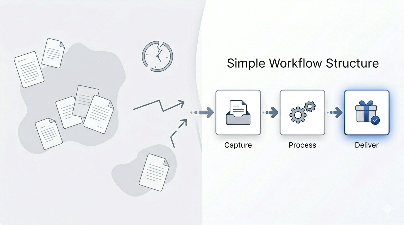 Simple workflow structure showing transition from scattered inputs to organized output