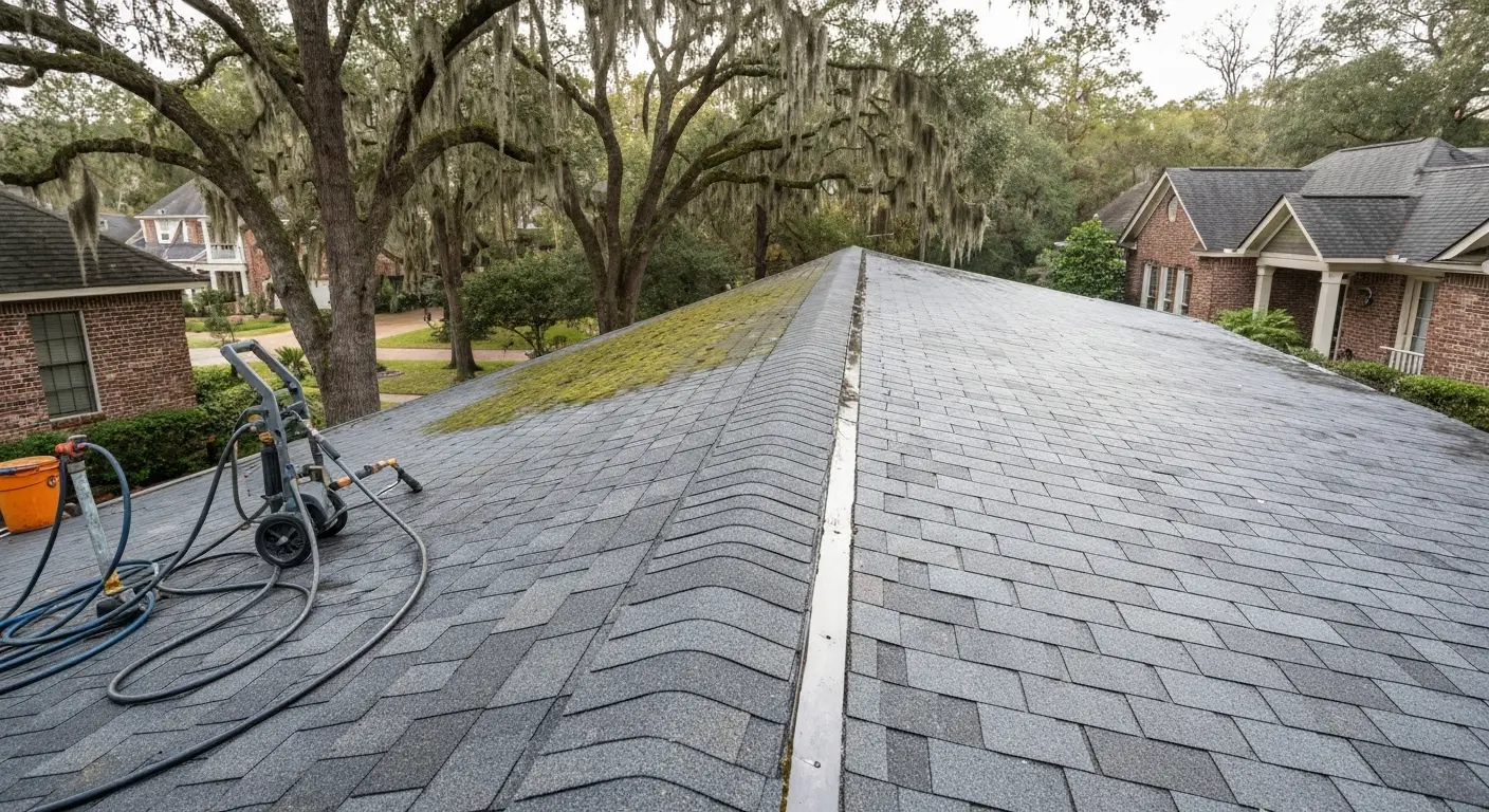 Roof cleaning service removing moss and algae