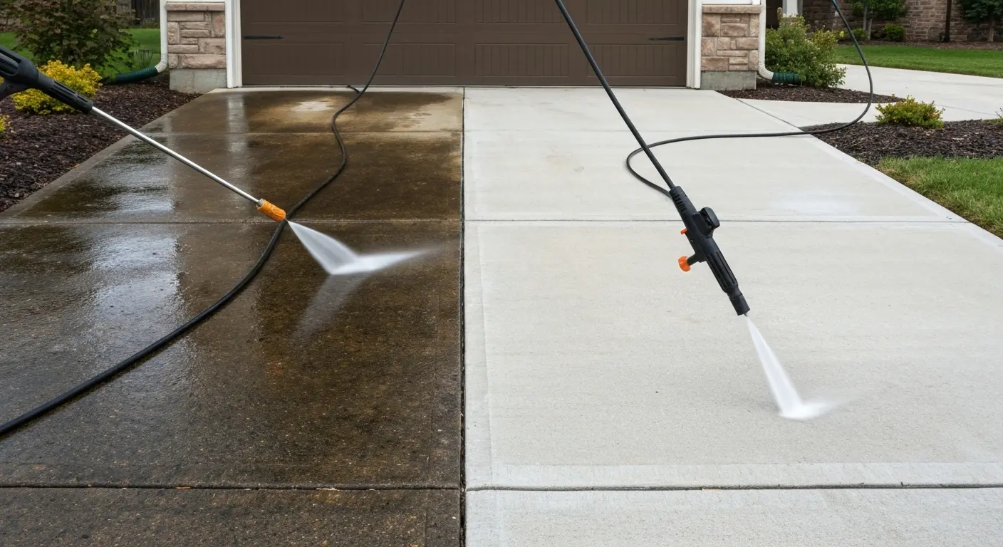 Driveway pressure washing revealing clean concrete