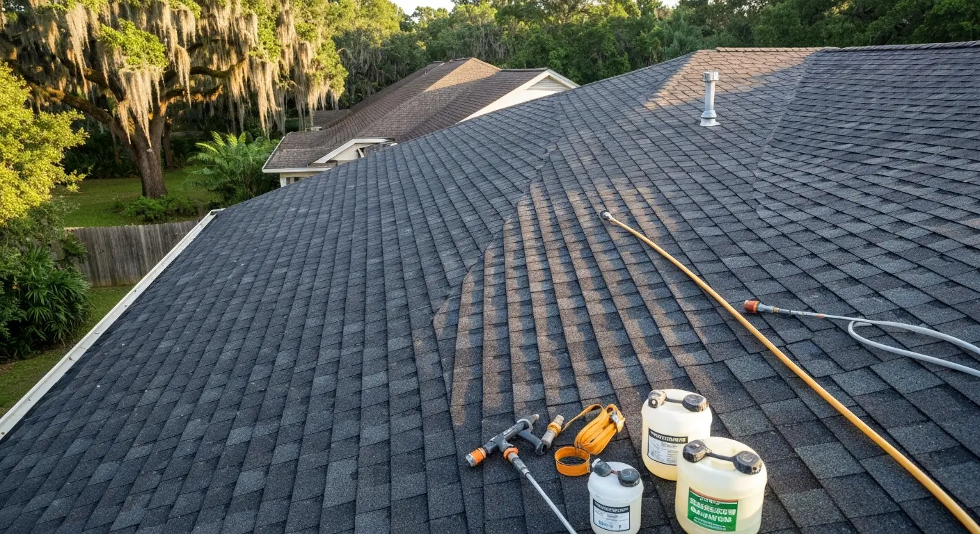Roof cleaning service removing algae and moss