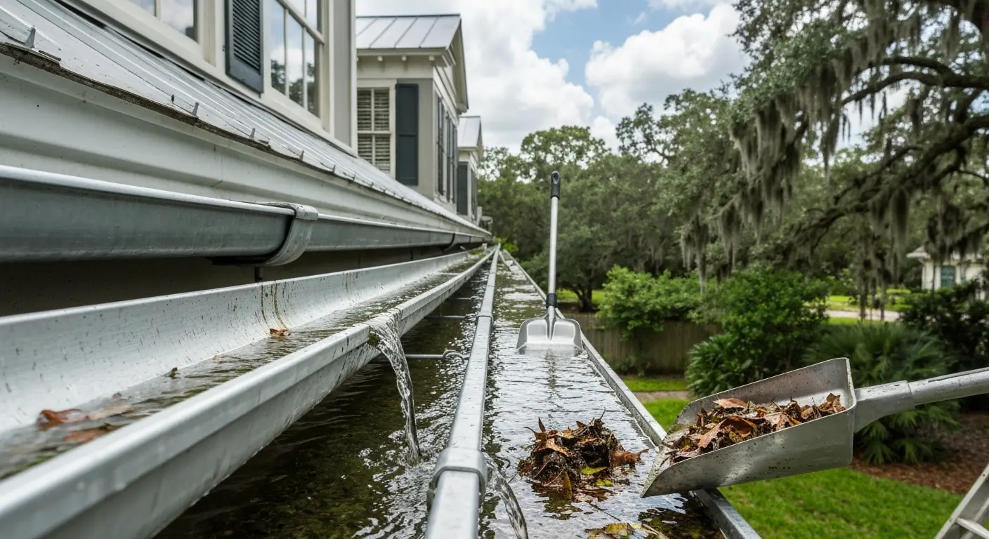Gutter cleaning service removing debris and algae