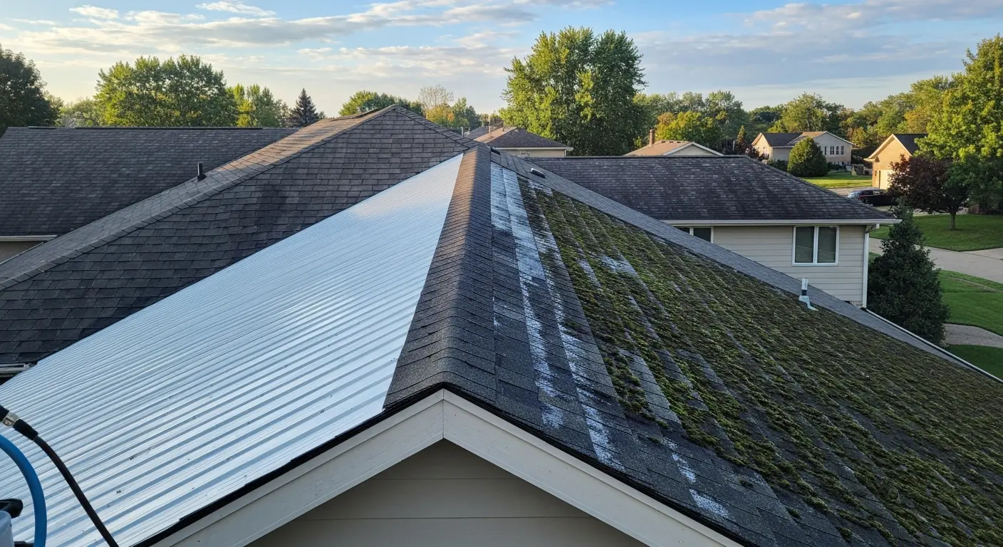 Roof soft washing removes moss and algae