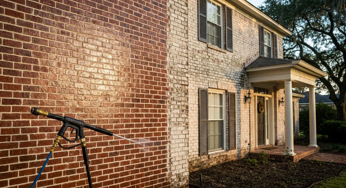 Residential house exterior after pressure washing