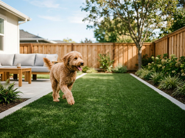 Dog running on pet turf along a fence line at a home in Fort Worth, Texas