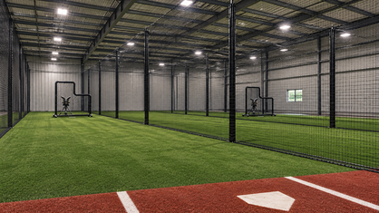 Indoor batting cage facility with game turf and custom netting, built by Silverleaf Sports Turf & Netting in Texas