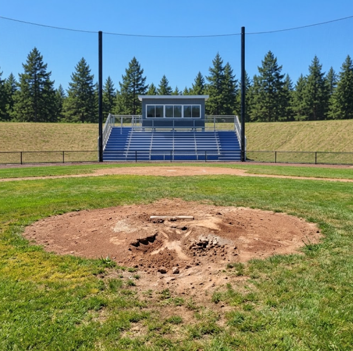 Dirt pitching mound with holes in front of the rubber and in the landing area