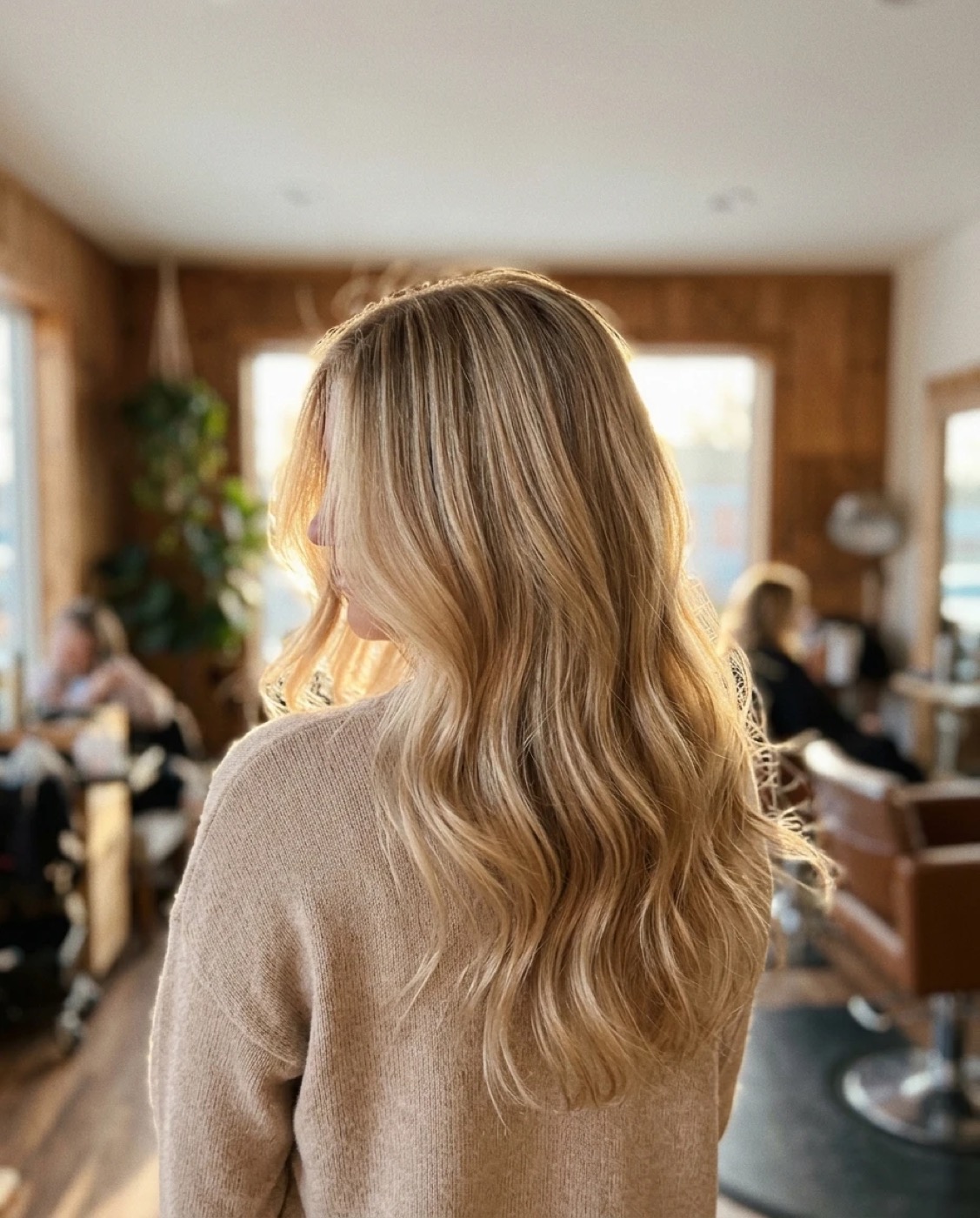 Freshly installed blonde extensions in a salon