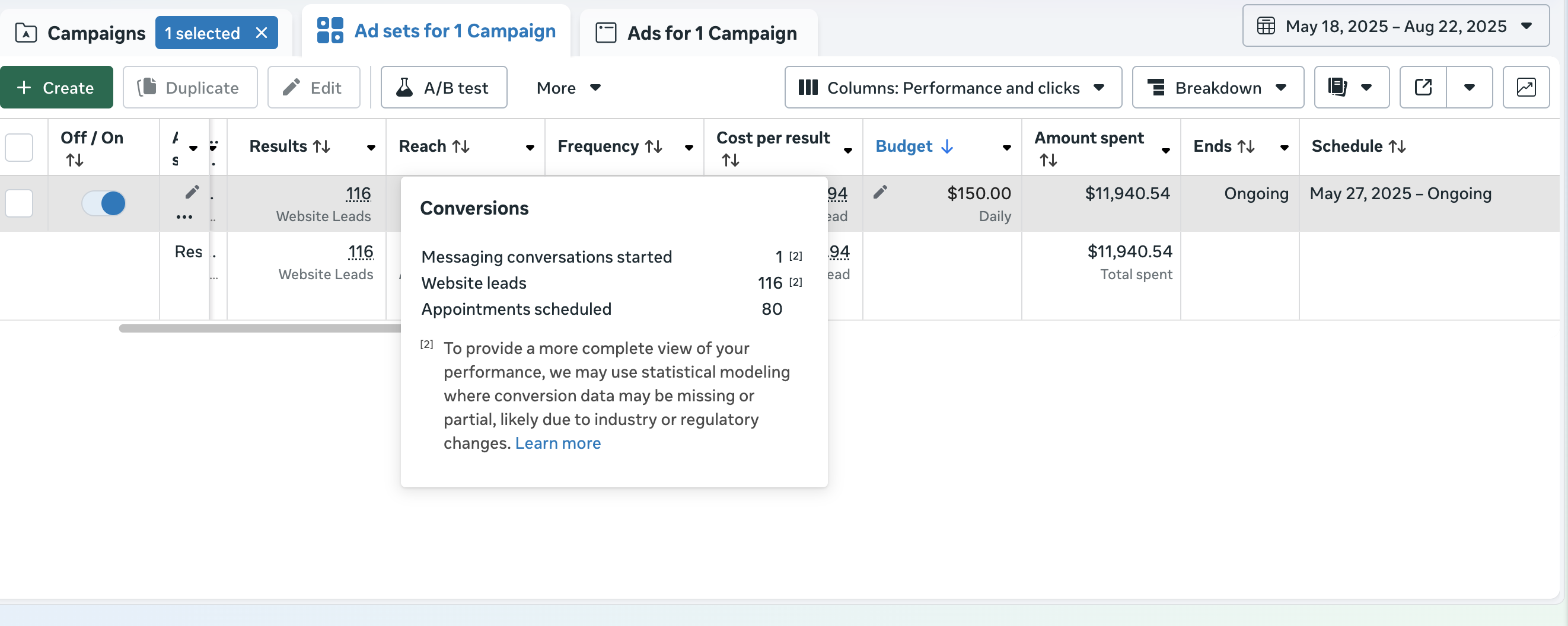 James insurance Meta Ads dashboard screenshot one
