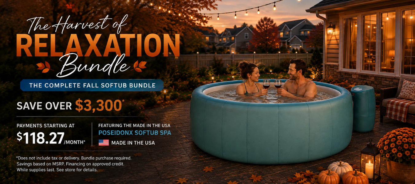 Couple relaxing in a luxury hot tub at night with promotional text advertising hot tubs starting at $9,995 with a $2,500 bonus package.