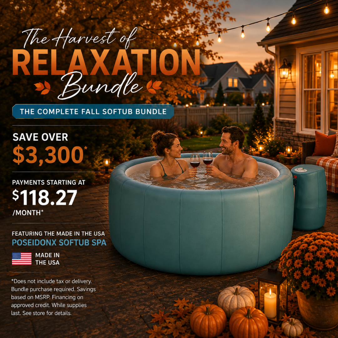 Couple relaxing in a luxury hot tub at night with promotional text advertising hot tubs starting at $9,995 with a $2,500 bonus package.