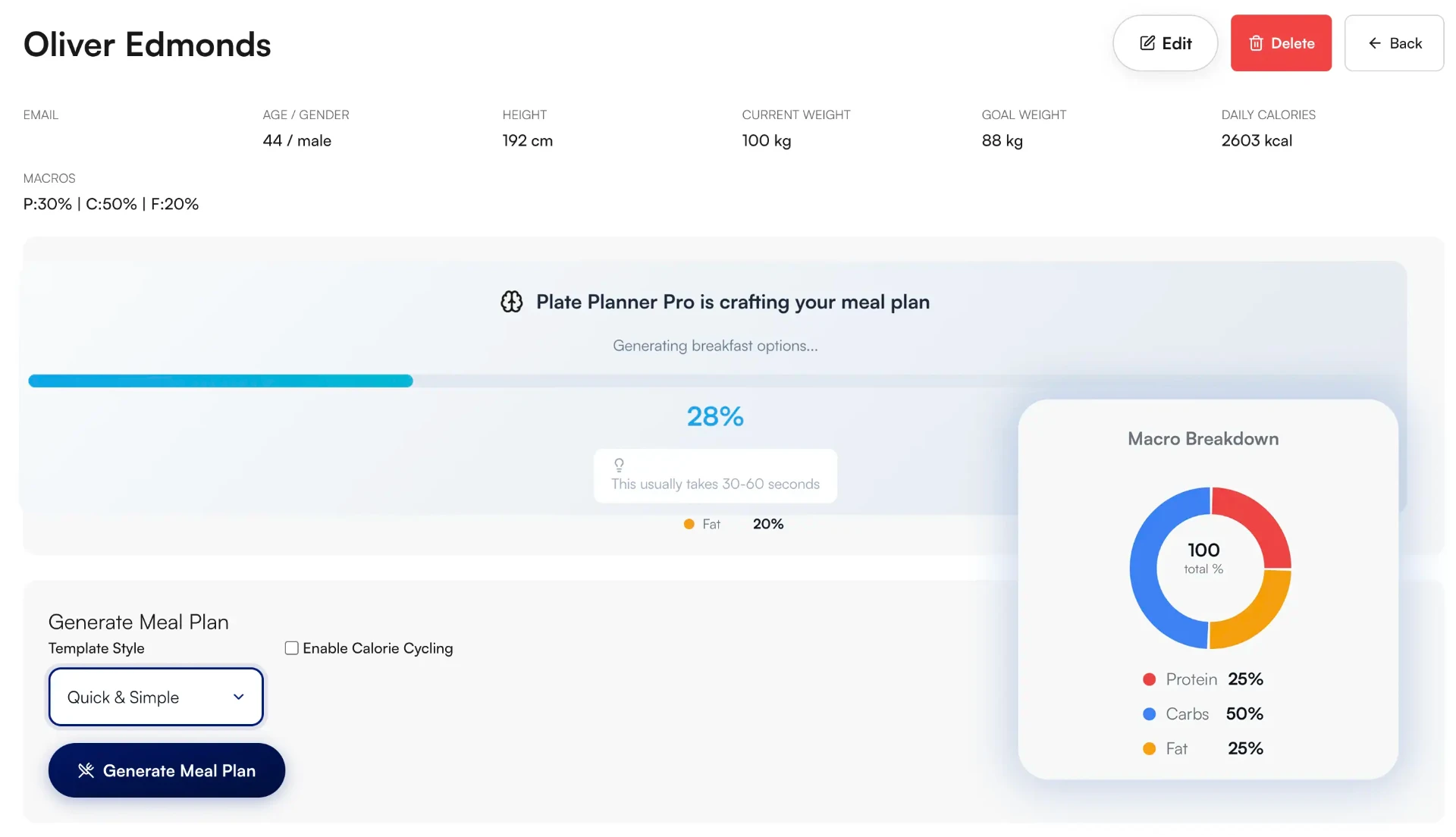 Client profile with meal plan generation and macro breakdown
