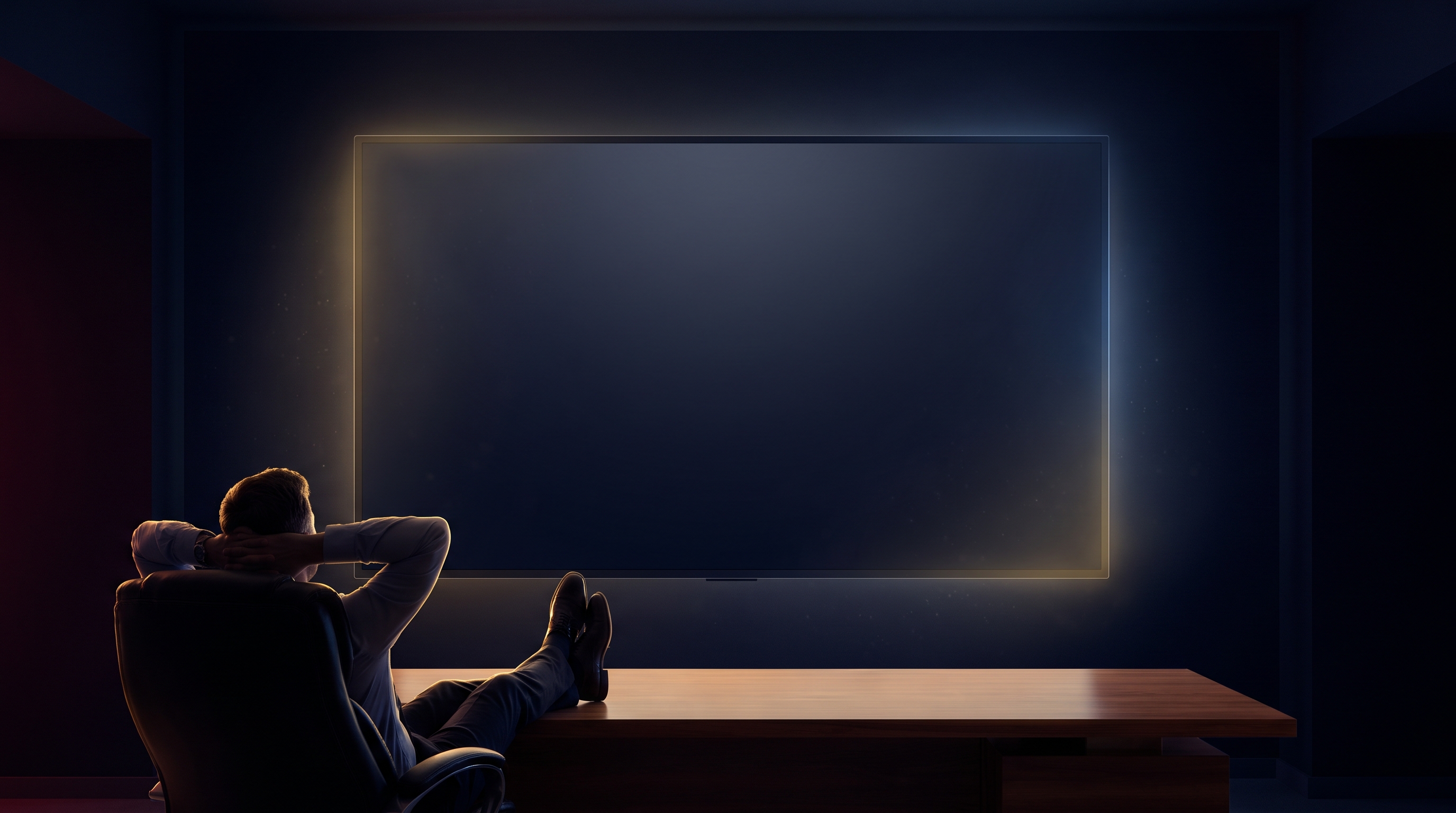 A business owner leans back with his feet up on the desk while his AI Operating System dashboard runs the business on the screen in front of him