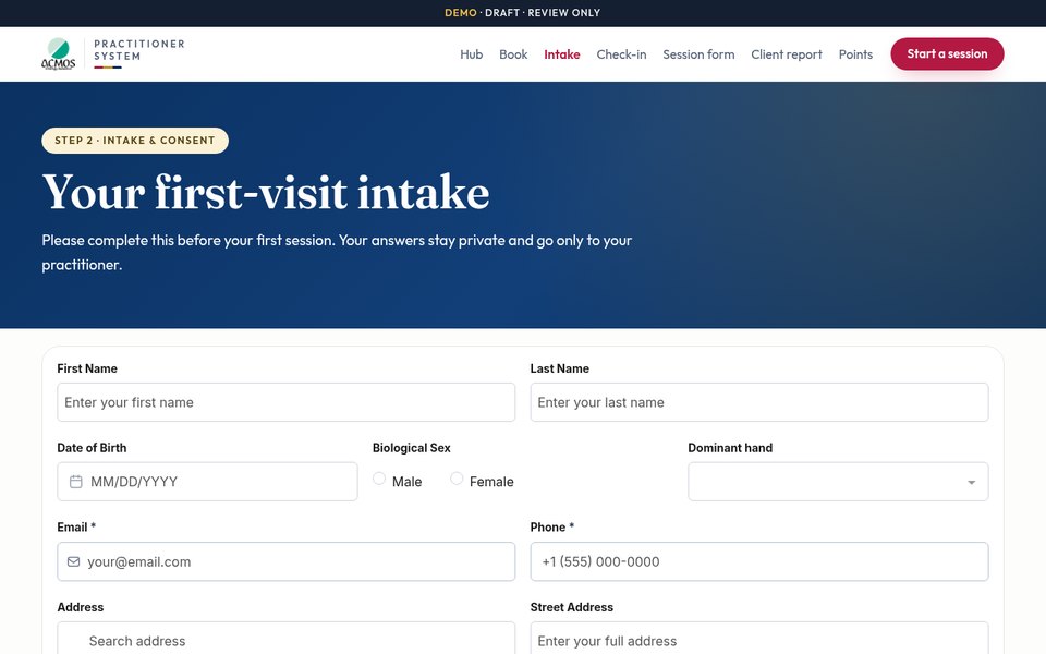 Screenshot of the Intake & consent page