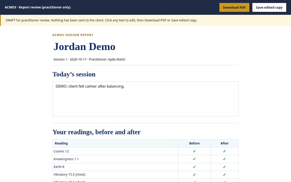 Screenshot of the Practitioner review (report editor) page
