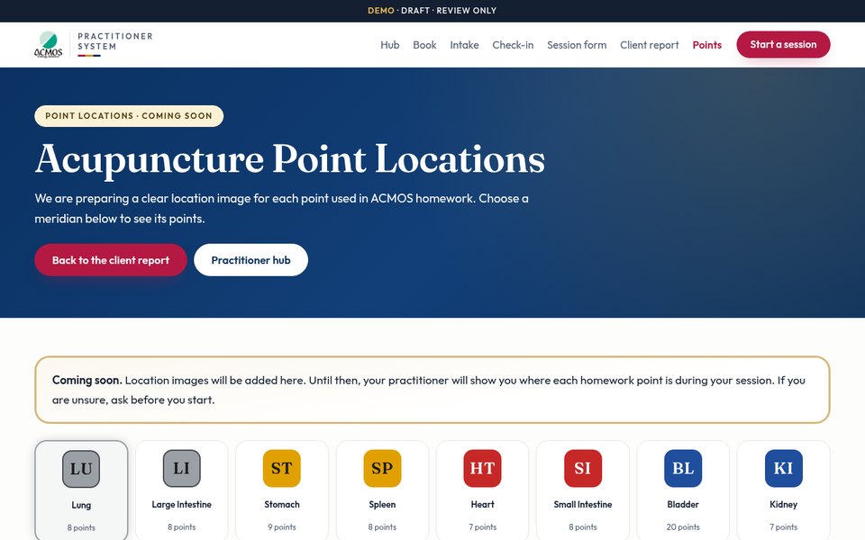 Screenshot of the Acupuncture point locations page