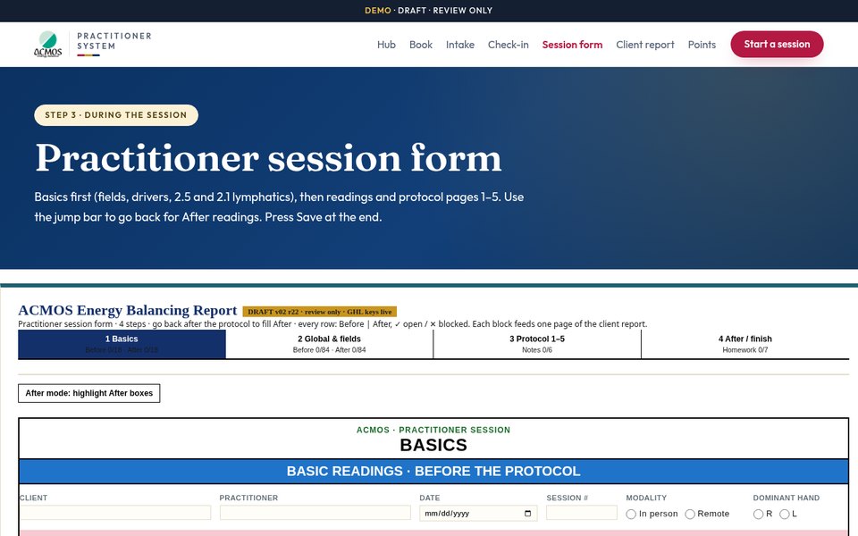 Screenshot of the Session form page