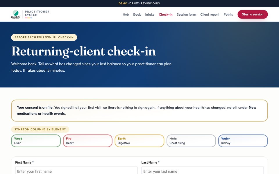 Screenshot of the Returning check-in page