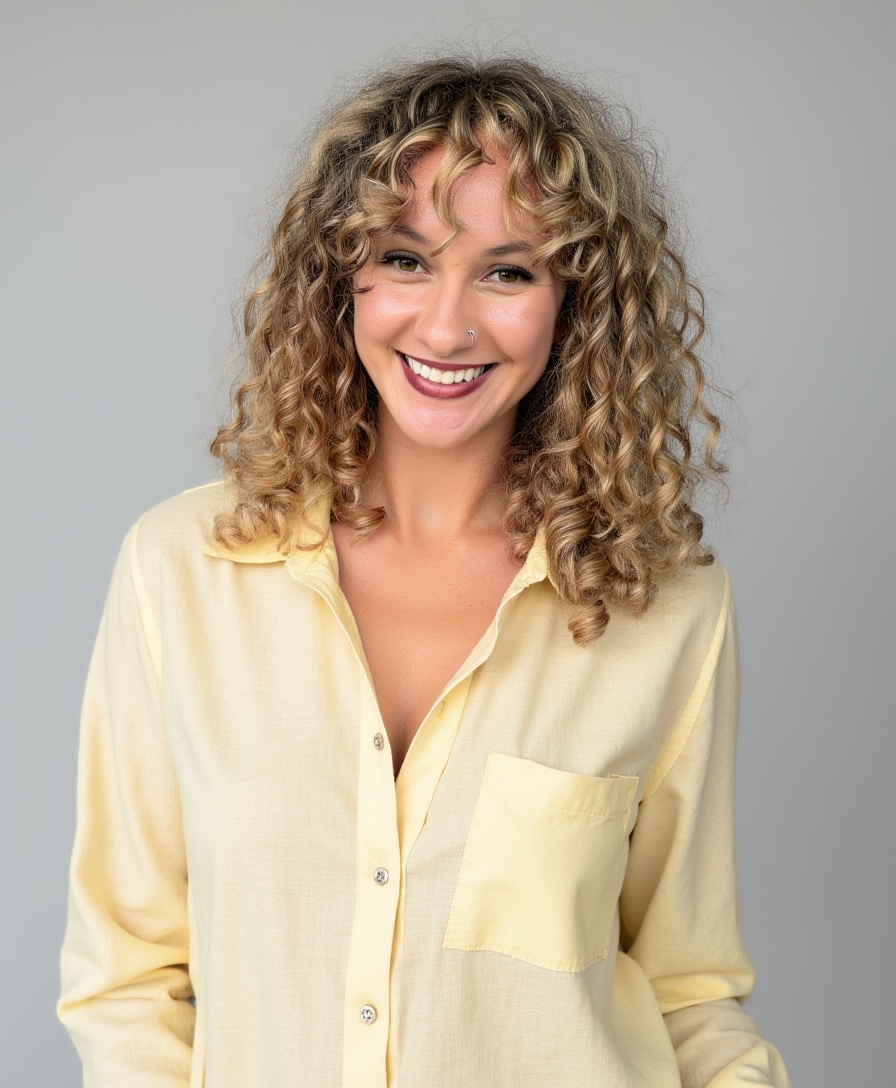 Tatum Hoover, REALTOR® with BK Real Estate, also known as The Curly Closer, smiling in a cream blazer