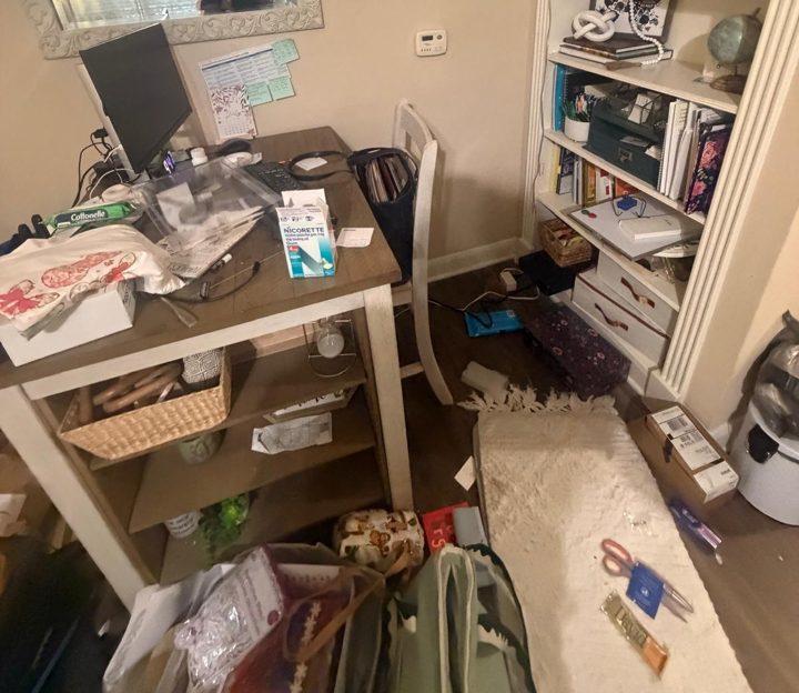 Desk and shelves before cleaning