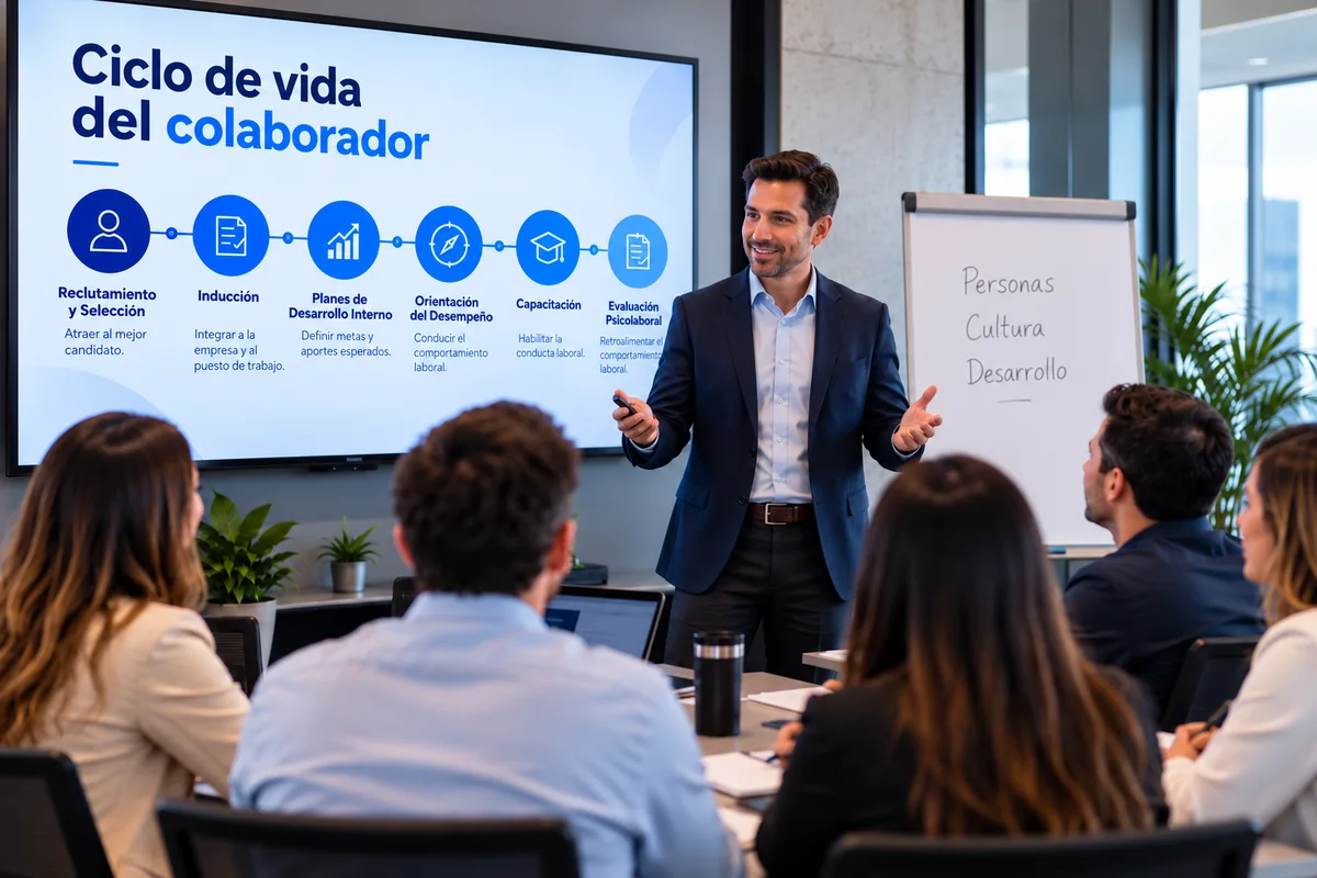 Consultor de Khronos presentando el Ciclo de Vida del Colaborador a un equipo