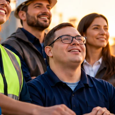 Equipo de trabajo diverso sonriendo en una faena