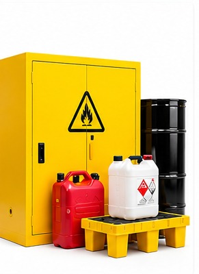 Safety storage cabinet, containers and spill pallet