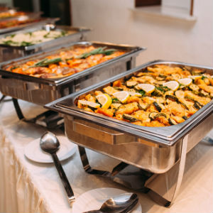 Party trays with fried chicken, mac and cheese and southern sides