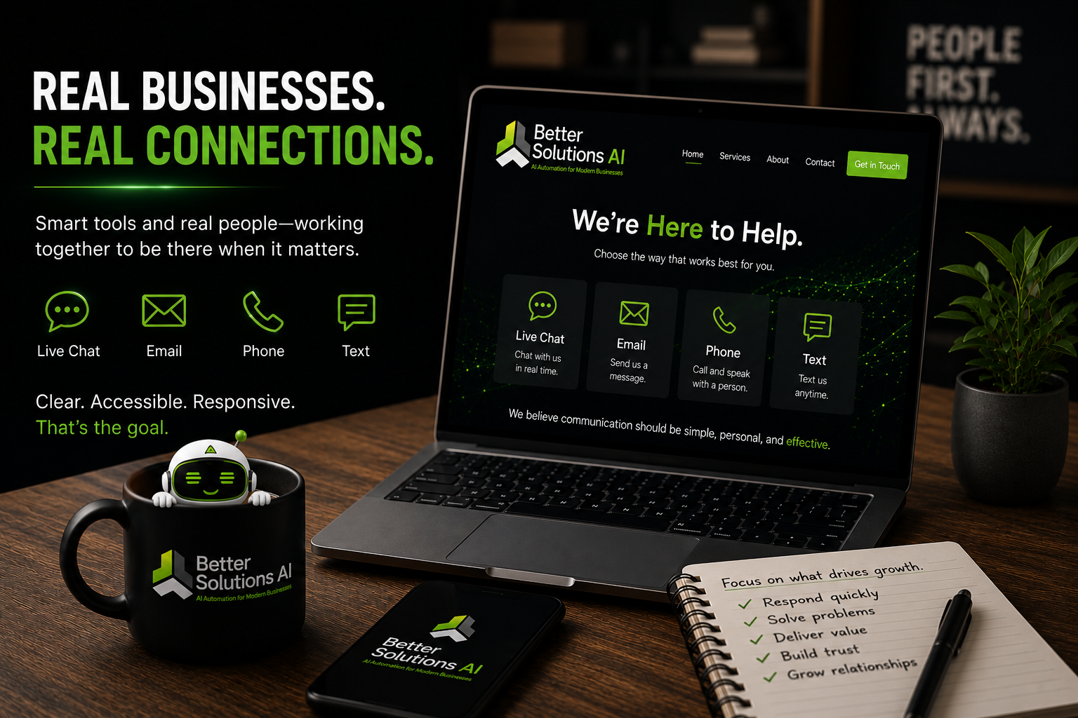 Modern business communication workspace showing smart websites, customer communication tools, and responsive small business technology