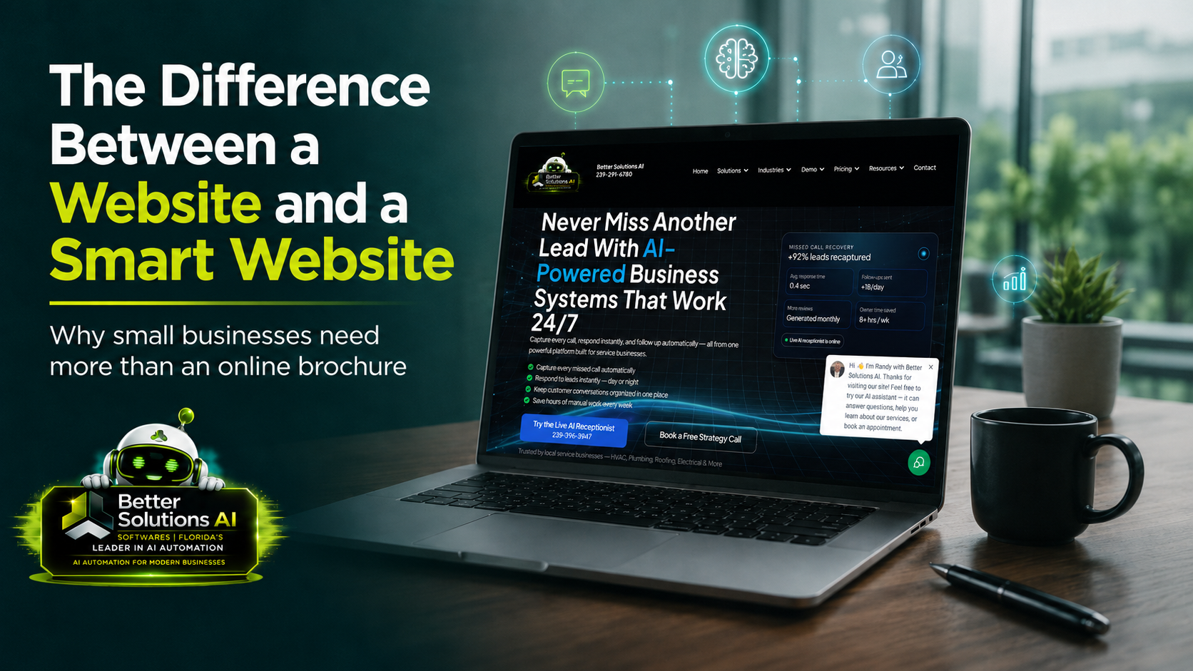 The Difference Between a Website and a Smart Website blog image showing a Better Solutions AI smart website with chatbot and automation features.