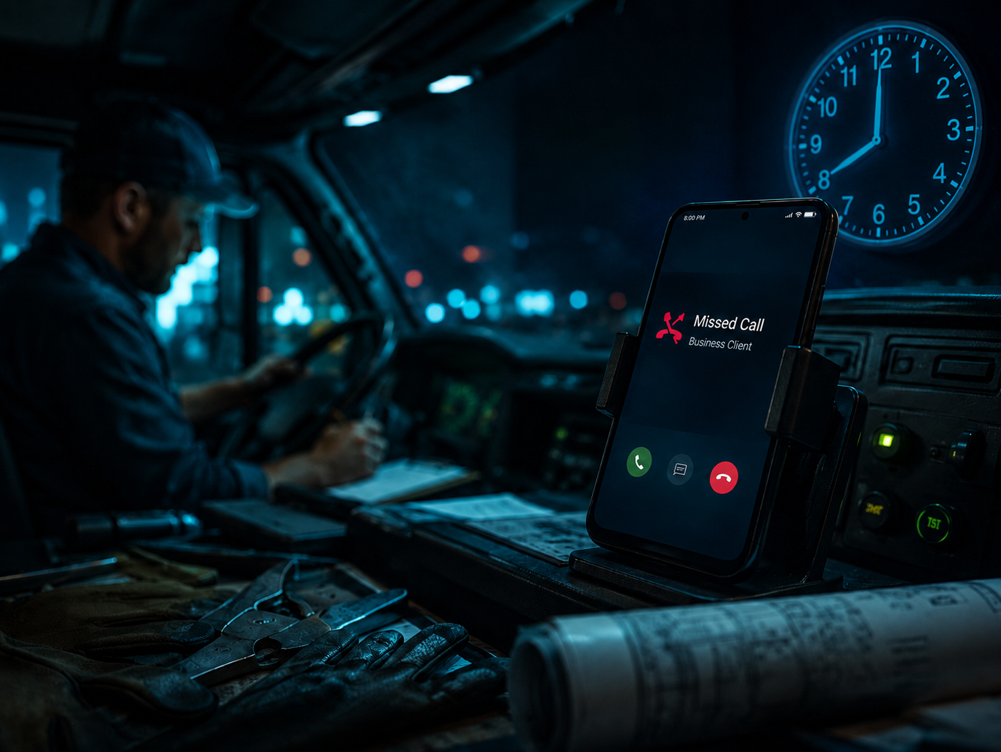 Missed call notification on a work truck dashboard after hours showing how small businesses can lose leads when customers call at the wrong time