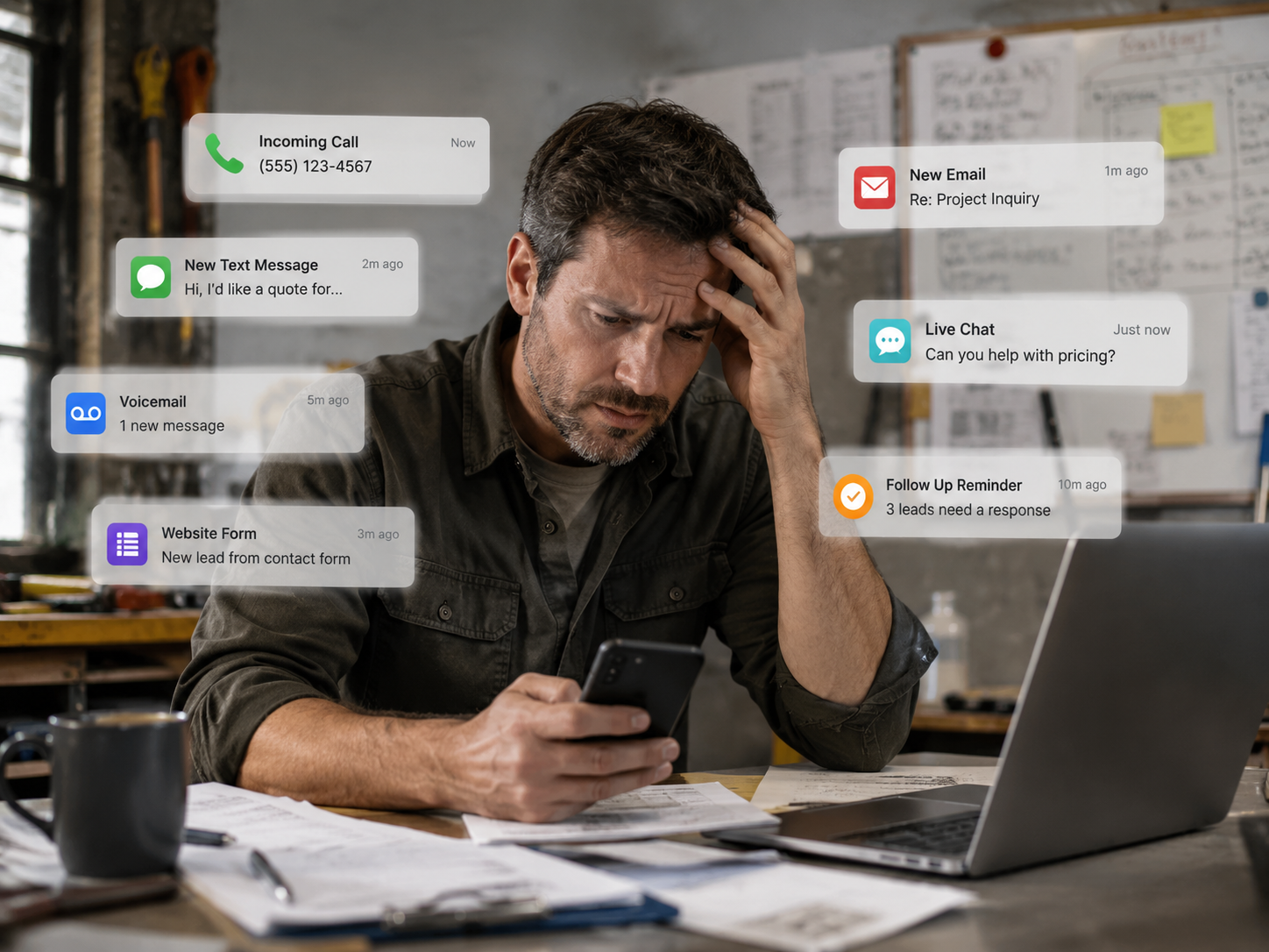 Small business owner overwhelmed by incoming calls, texts, emails, website forms, live chat messages, voicemails, and follow-up reminders.