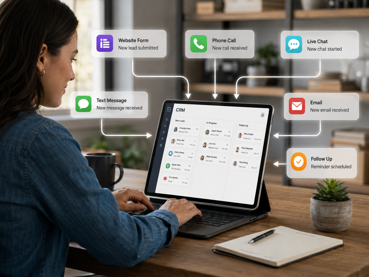 Business communication system showing website forms, phone calls, live chat, text messages, emails, and follow-up reminders flowing into a CRM dashboard.