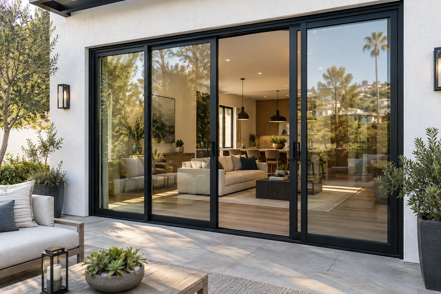 Contemporary sliding glass patio doors connecting a landscaped terrace to a warm living space