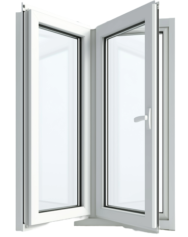 White-framed double casement window shown open