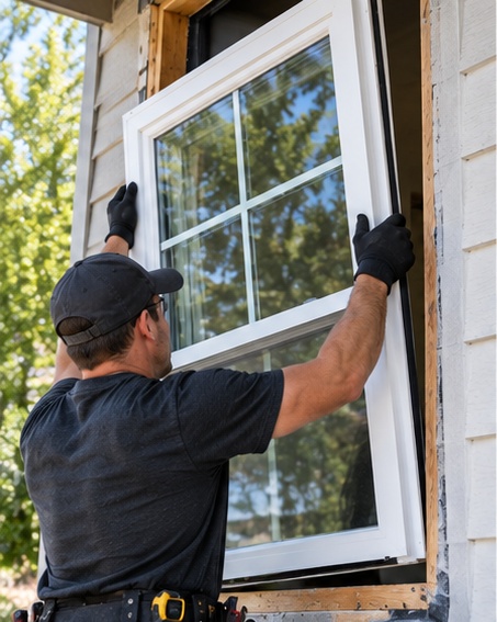 Installer positioning a white-framed window in an exterior opening