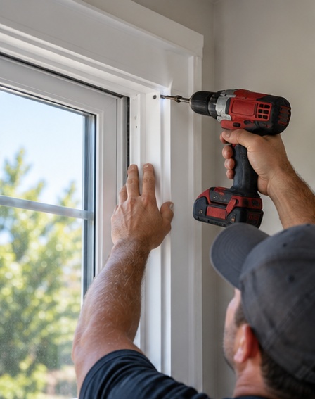 Installer securing the interior window frame with a drill