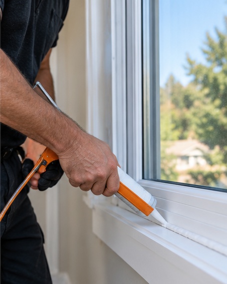 Applying sealant along the inside edge of a window