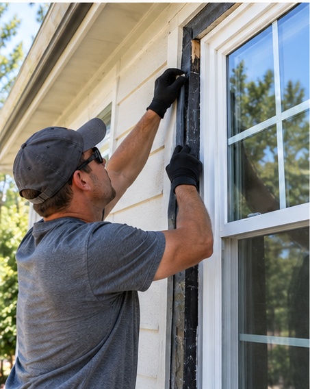 Installer adjusting the exterior side of a window frame